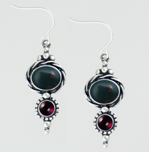 Sterling Silver Drop Dangle Earrings With Bloodstone And Garnet